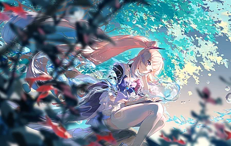 唯美粉色头发 马尾辫 长发 原神 动漫 动漫女孩 紫色眼睛 白色丝袜 长袜 电脑 手机壁纸 4800×2700