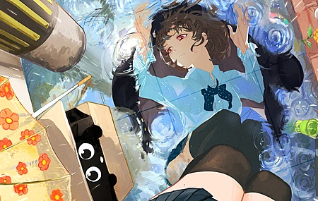 经典红眼睛 深色头发 短发 动漫 动漫女孩 鲜花 镜面 黑猫 雨伞 电脑 桌面壁纸 6019×3590