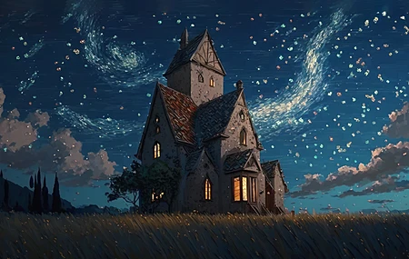 艺术 房子 星星 绘画 天空 星夜 草 电脑 壁纸 4579×2616