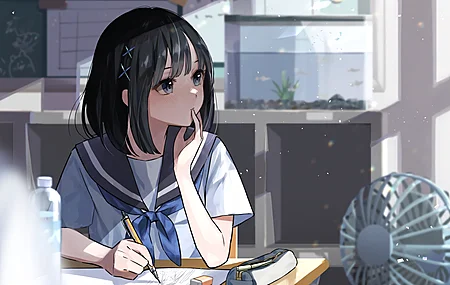 刘海 动漫女孩 黑发 校服 教室 电脑 高清壁纸 5120×3200