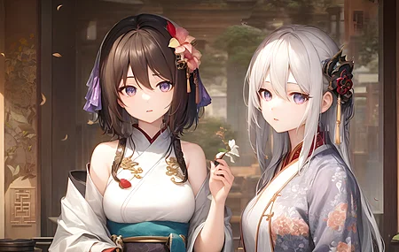 热门女孩 汉服 银发 中国服装 花在头发 花 动漫女孩 电脑 手机壁纸 5376×3072