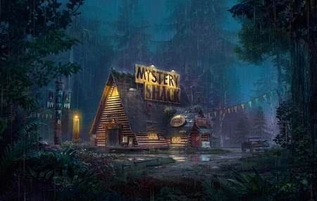 唯美风景 AI艺术 森林 商店 雨 光照效果 重力瀑布 卡通 电脑 壁纸 3840×2160