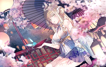 金发 绿眼睛 动漫 动漫女孩 雨伞 樱花 电脑 4K高清壁纸 5760×3240