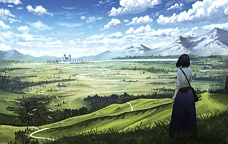 站立 短发 动漫少女 青草 雪峰 天空 云 风景 电脑 手机壁纸 4000×2300