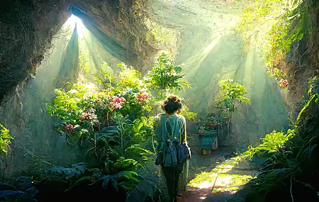 精选植物 洞穴 鲜花 阳光 AI艺术 岩石 艺术 电脑 4K壁纸 4096×2304