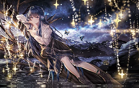 绚丽长发 微笑 动漫 动漫女孩 连衣裙 原木 灯光 夜晚 星星 蝴蝶 电脑 壁纸 4758×2796