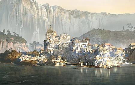 经典视觉 插图 山 城市 水 风景 长老卷轴 游戏CG 电脑 壁纸 5000×2500