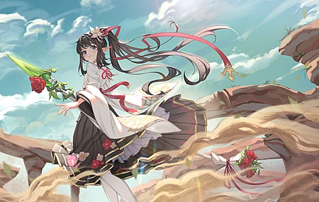 高清长发 动漫 动漫女孩 双马尾 花 云 天空 兽耳 电脑 壁纸 3840×2160