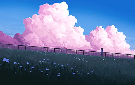 热门田野 云朵 晴朗天空 动漫少女 粉色氛围 电脑 高清壁纸 3840×2160