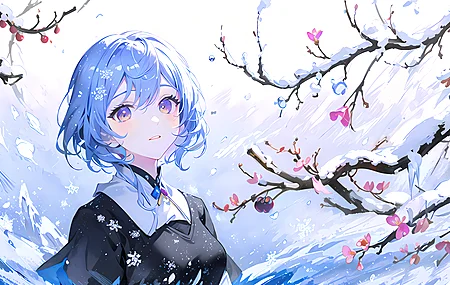 经典蓝色头发 梅花 动漫女孩 树枝 雪花 鲜花 花瓣 艺术 电脑 壁纸 4032×2268