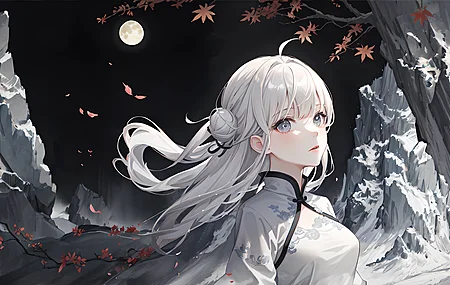 白色服装 夜晚 枫叶 动漫女孩 月亮 中国服装 树叶 雪 电脑 壁纸 3840×2160