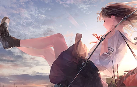 经典动漫 动漫女孩 裁剪 校服 秋千 水手制服 日落 侧视 电脑 壁纸 3840×2160