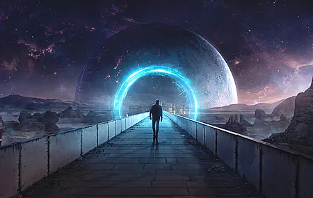 科幻小说 行星 恒星 伽雷 桥梁 房子 岩石 电脑 4K高清壁纸 3840×2160