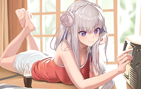 精选长发 赤脚 仰卧 双腿向上 肩膀 动漫女孩 电脑 高清壁纸 5600×4000