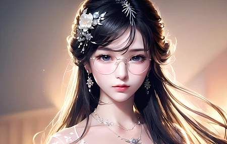 亚洲 女人 长发 艺术 眼镜 耳环 珠宝 项链 电脑 高清壁纸 4096×2560