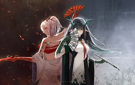 高清黄昏 武士 动漫女孩 电脑 壁纸 6984×2855