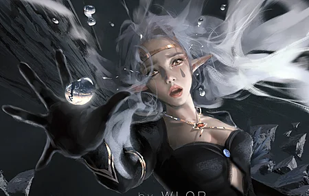 唯美女人 白发 坠落 长发 奇幻女孩 精灵 AI艺术 黄眼睛 兽耳 项链 奇幻艺术 电脑 高清壁纸 4619×2802