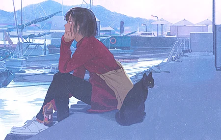 热门原创角色 动漫女孩 黑猫 图片 电脑 壁纸 4096×2304