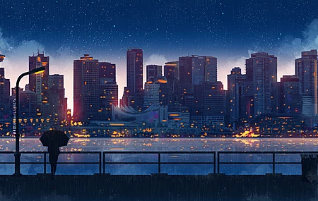 热门女性 动漫 城市 建筑 雨伞 夜晚 AI艺术 城市景观 星星 电脑 高清壁纸 4800×2400