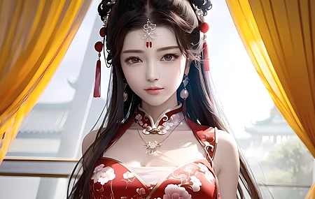 模特 女人 亚洲 艺术 耳环 吊带裙 项链 旗袍 电脑 4K高清壁纸 4096×2560
