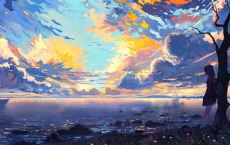 绝美动漫 动漫女孩 天空 水 电脑 4K壁纸 3840×2160