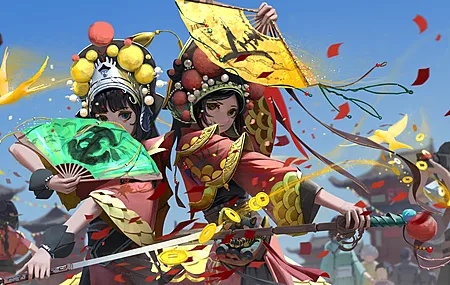 星鸽 女孩 带武器的女人 奇幻女孩 扇子 奇幻艺术 电脑 4K壁纸 9918×4320