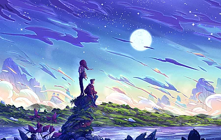 旅行者 AI艺术 奇幻艺术 云 山 草 星 夜 月亮 溪流 男人 电脑 桌面壁纸 3840×2160