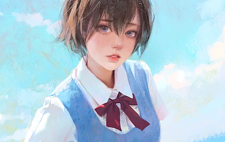 高清短发 动漫女孩 AI艺术 领带 油画 天蓝色 制服 电脑 高清壁纸 3840×2160