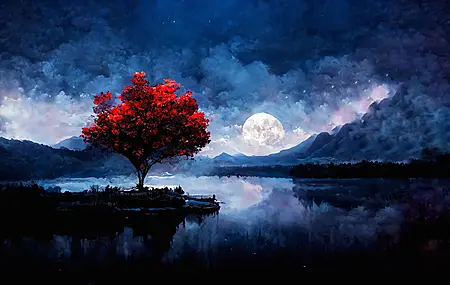 红树 满月 风景 哑光绘画 艺术 人工智能艺术 湖泊 山脉 自然 云 水 月亮 电脑 壁纸 4096×2304