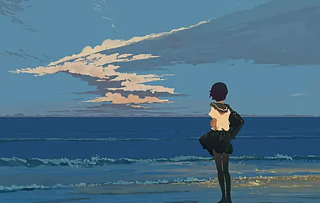 唯美女学生 站立 校服 海滩 海边 日落 宁静 海浪 水 云 天空 AI艺术 电脑 手机壁纸 4096×2477