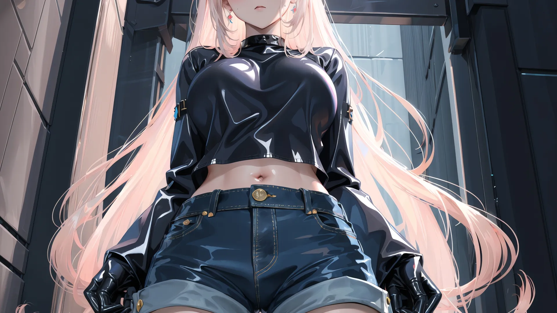 经典动漫女孩 往下看 脸红 低角度 腹部 手套 牛仔裤 壁纸 6144×6144