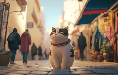 动物 猫 街道 阳光 AI艺术 建筑 电脑 壁纸 4579×2616
