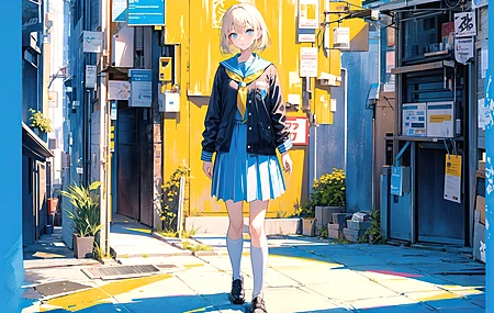 女学生 金发 蓝眼睛 动漫女孩 动漫 AI艺术 校服 街头 人工智能艺术 电脑 壁纸 3840×2400
