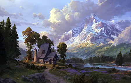 热门AI艺术 自然 树木 房屋 山 云 电脑 高清壁纸 3840×2400