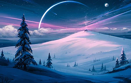 超清AI艺术 风景 雪 冬天 自然 山 云 树 星 星夜 天空 月亮 电脑 无水印壁纸 3840×2160