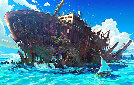 精选维多销售 AI艺术 插图 风景 海洋 水 船 云 废墟 天空 沉船 帆船 电脑 高清壁纸 6038×3032