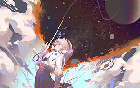 高清金发 短发 原创人物 动漫 动漫女孩 太空 宇航服 星星 电脑 桌面壁纸 8192×4320