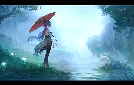 原神 动漫 动漫女孩 伞 雨 河 花 裤袜 紧身衣 电脑 4K高清壁纸 4095×2302