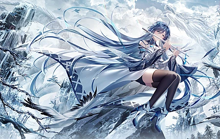 长发 动漫女孩 中国服装 龙 鸟 长笛 电脑 4K高清壁纸 3840×2160