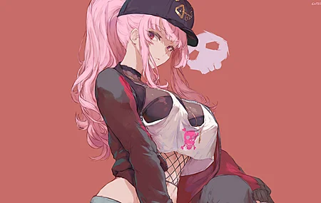 弯腰 曲线 粉色头发 马尾辫 坐着 帽子 背心 渔网 电脑 4K壁纸 6838×3846