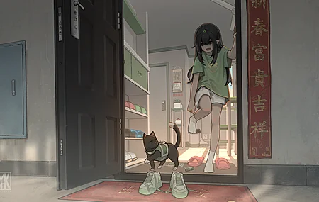 热门单腿站立 动漫 动漫女孩 猫 鞋子 袜子 电脑 手机壁纸 5189×2919