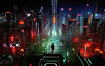 赛博朋克 未来主义 奇幻艺术 城市景观 未来城市 男人 夜晚 电脑 壁纸 3840×2160