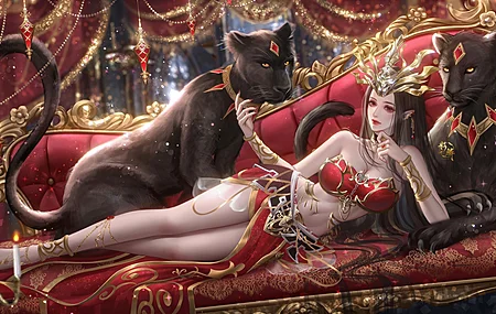 黑豹 红眼睛 动漫女孩 动物 蜡烛 电脑 桌面壁纸 4096×2302