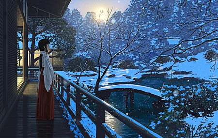 绚丽长发 动漫女孩 和服 独自 户外 桥梁 木屋 树木 下雪 电脑 壁纸 3840×2160