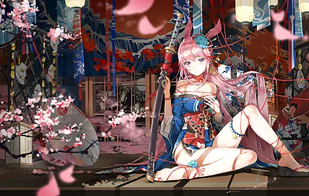 超清动漫女孩 原神 武士 花瓣 和服 樱花 兽耳 狐狸少女 服装 电脑 高清壁纸 5760×3240