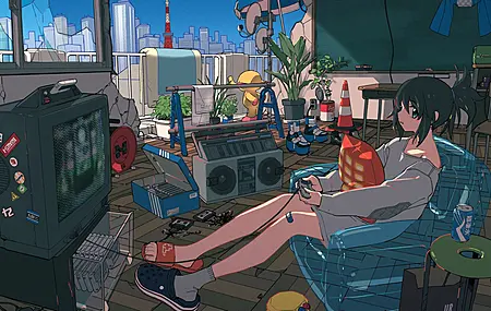 原创角色 坐着 动漫 动漫女孩 电脑 4K高清壁纸 4096×2868