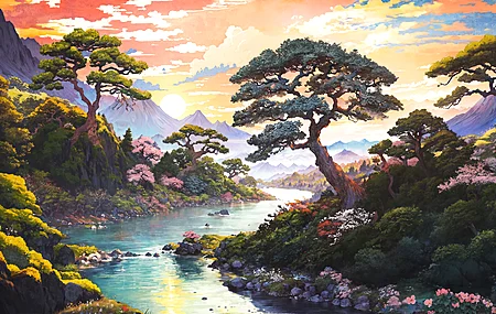 自然 艺术 风景 河流 树木 森林 太阳 山脉 云 岩石 电脑 4K壁纸 3840×2160