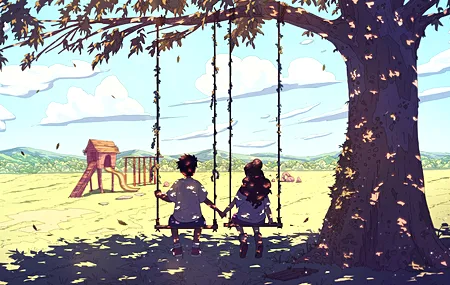 儿童 手牵手 AI艺术 奇幻艺术 秋千 树木 云 自然 电脑 壁纸 3840×2160