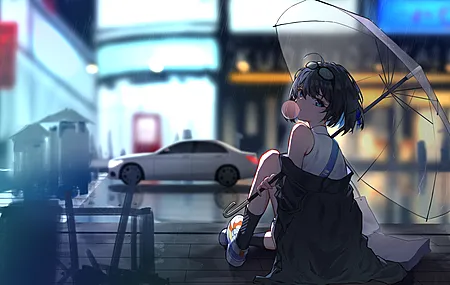 精选短发 蓝眼睛 城市 雨 黑发 动漫女孩 电脑 高清壁纸 3840×2160