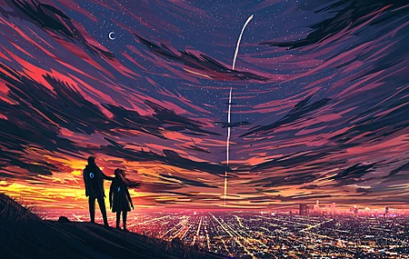 情侣 插图 AI艺术 抽象 城市景观 行星 云 夜 夜景 城市灯光 月亮 电脑 4K高清壁纸 3840×2160